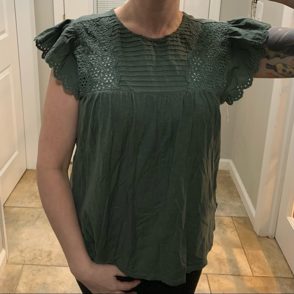 LOFT Cotton Olive Green T-Shirt with Embroidered Eyelet Cutouts